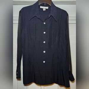 Vintage Y2K Women's Shirt Medium Black Sheer Sleeve Button-Up Piacere Paper Tag